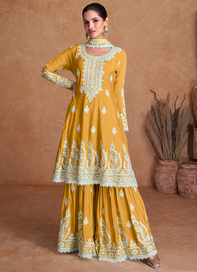 Pastel Peach Pure Georgette Readymade Sharara Suit Online FABANZA