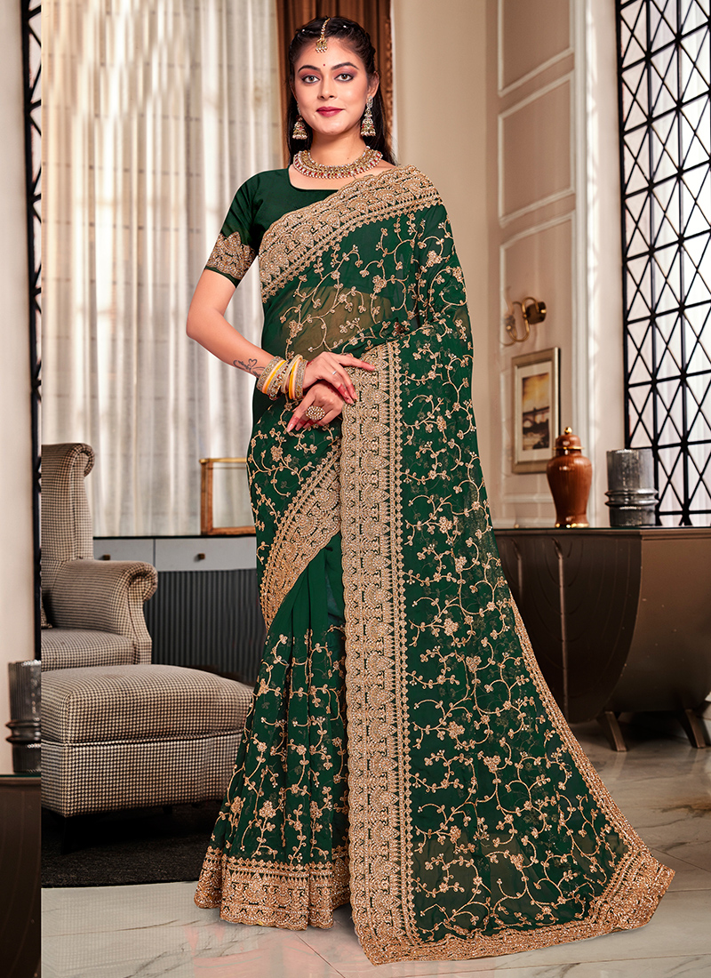 Teal Green Georgette Sequins Saree - Urban Womania