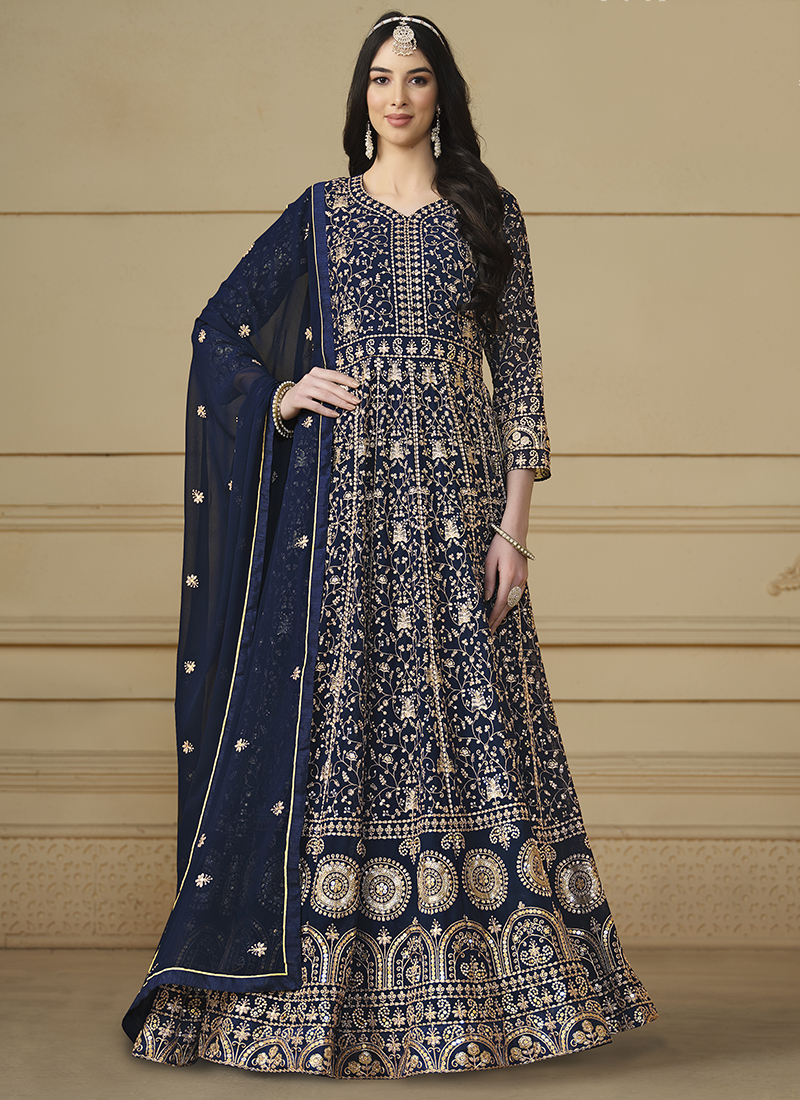 Blue Frill Gown With Gold Work Rental Service at Rs 3500 | Vashi | Navi  Mumbai | ID: 16523477062