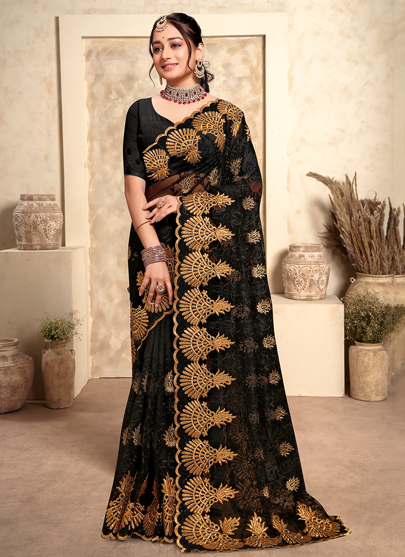 Black net saree with hotsell golden border