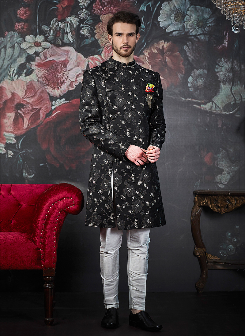 Black jacquard 2024 indo western sherwani