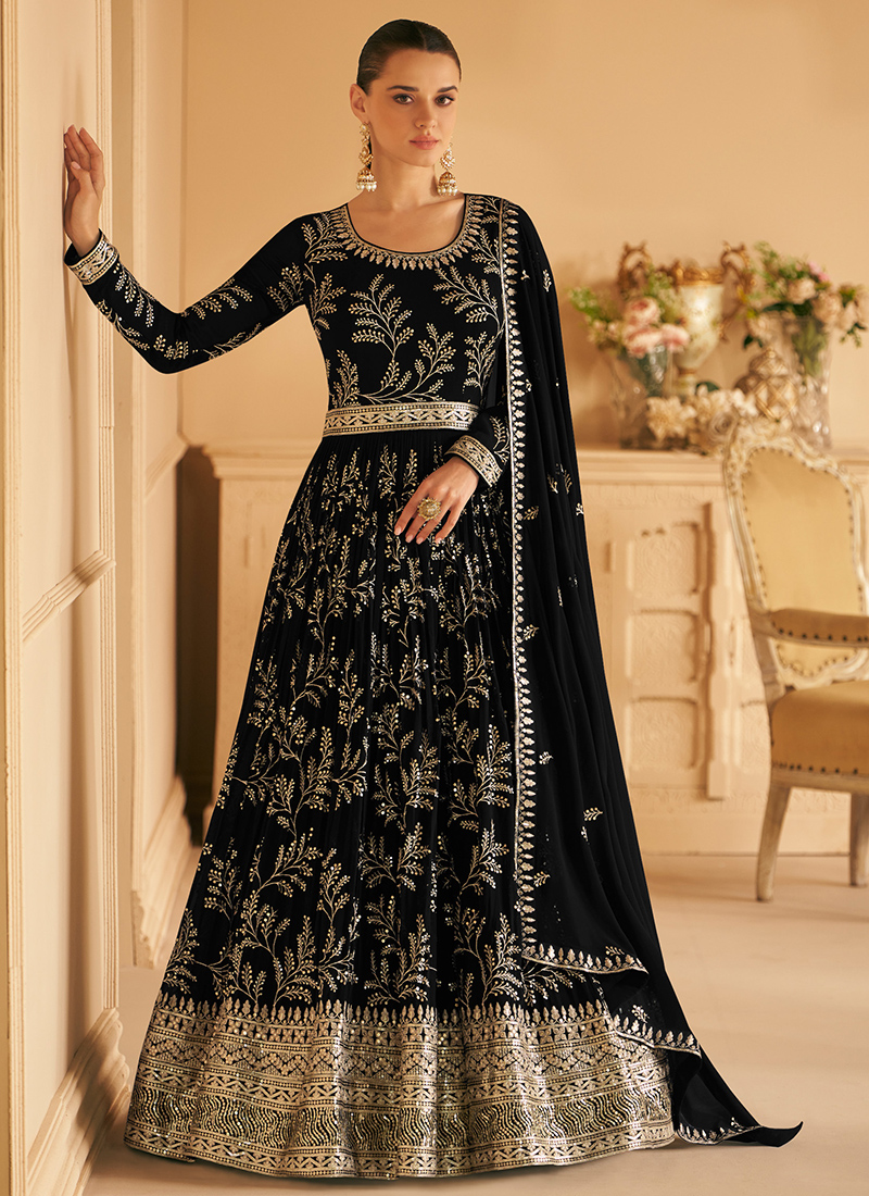 Black gown with top golden dupatta