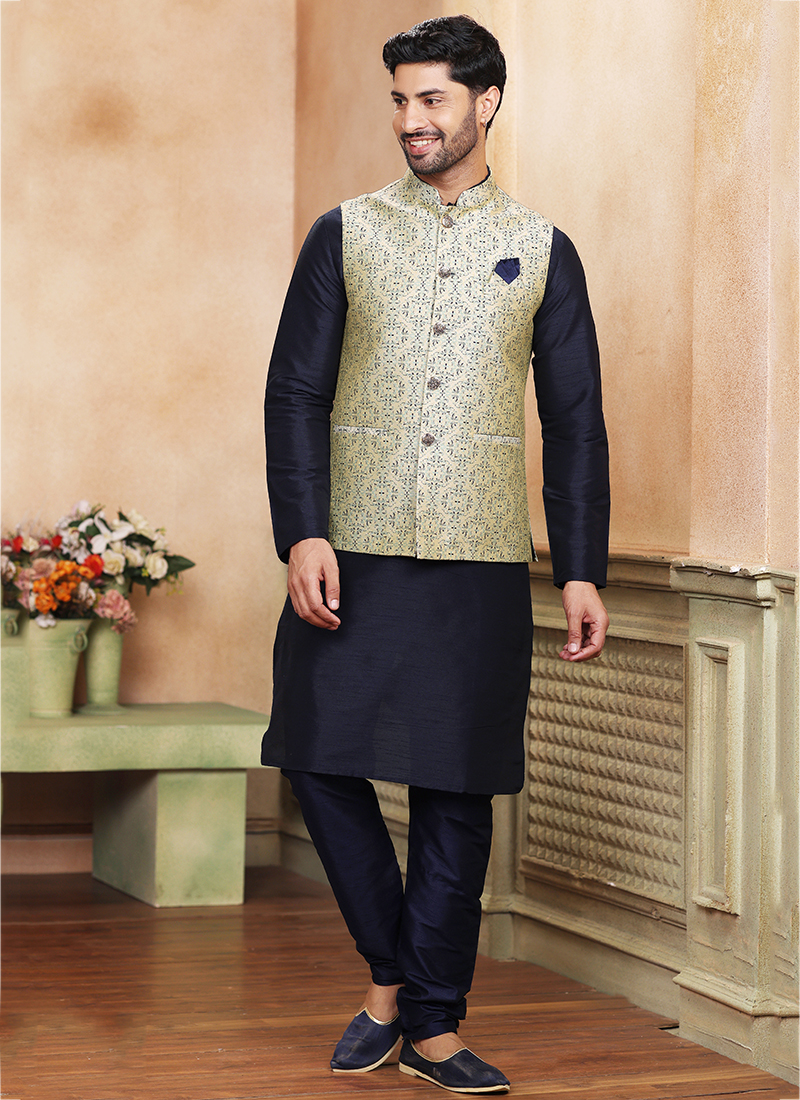 Kid's Silk Kurta Pajama With Nehru Jacket-ISKKD16054296 | Ishaanya