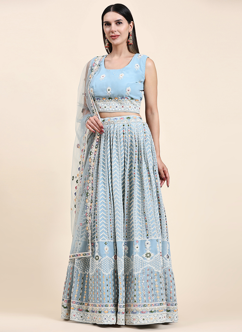 Shop Aqua Blue Lucknowi work Ceremonial Lehenga Choli Online : 260129 -