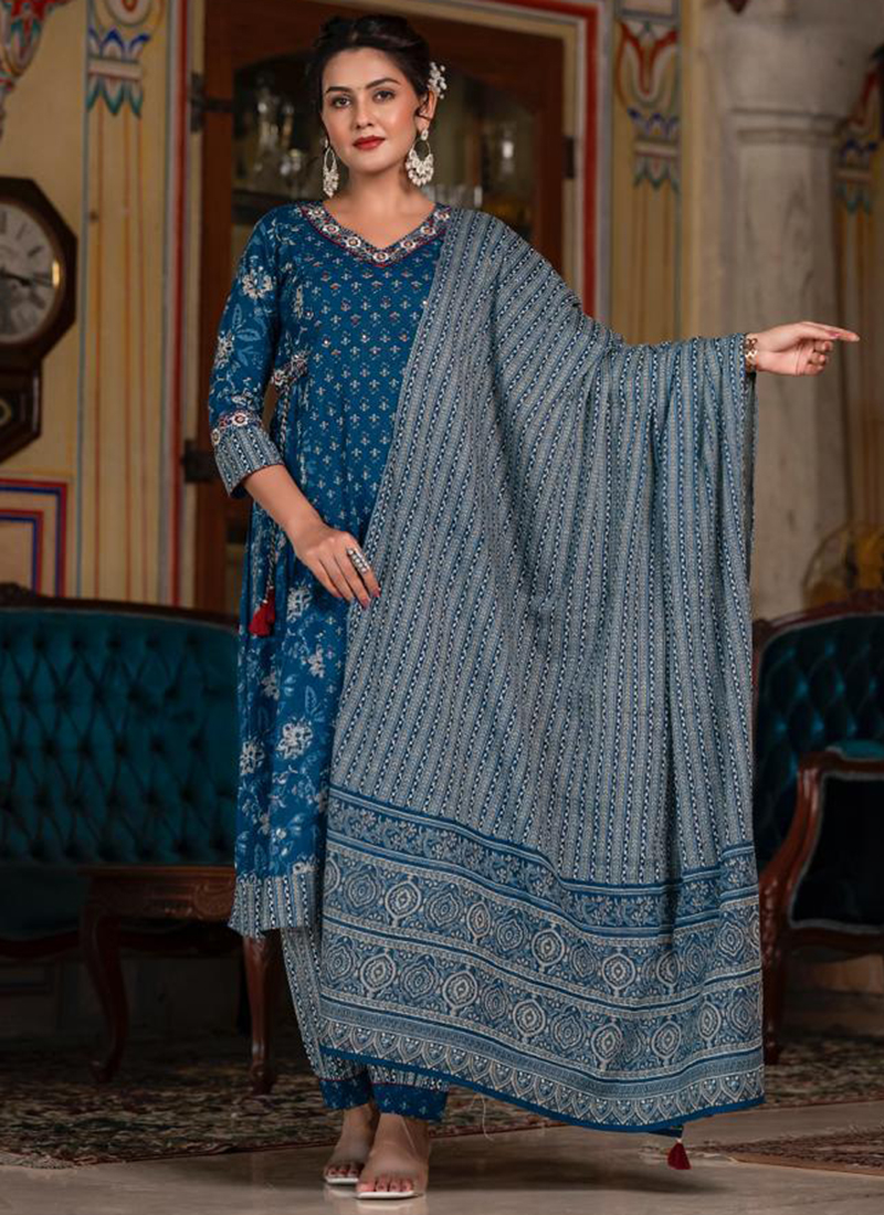 Aunika Women's Cotton Printed Afghani Kurta And Pant Or Dupatta Suit S
