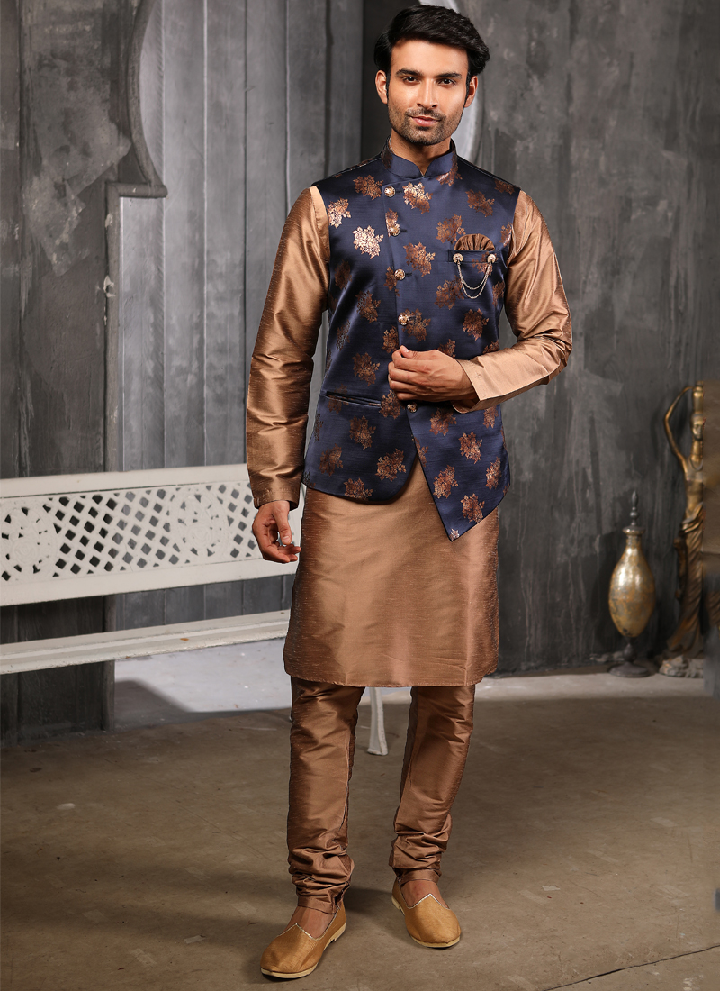 Black Kurta Pajama in Silk with Checks Embroidery Jacket