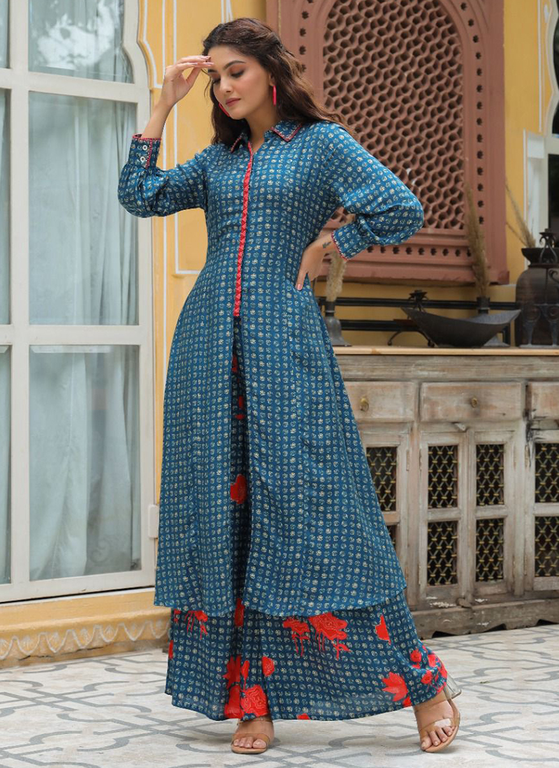 FALGUNI VOL 3 BY BLUE HILLS RAYON EMBROIDERY LONG KURTIS WITH PALAZZO -  textiledeal.in