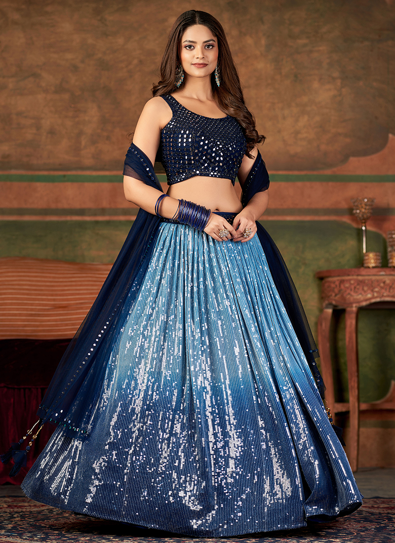 Buy Blue Sequins Work Pure Georgette Ready To Wear Lehenga Choli Online