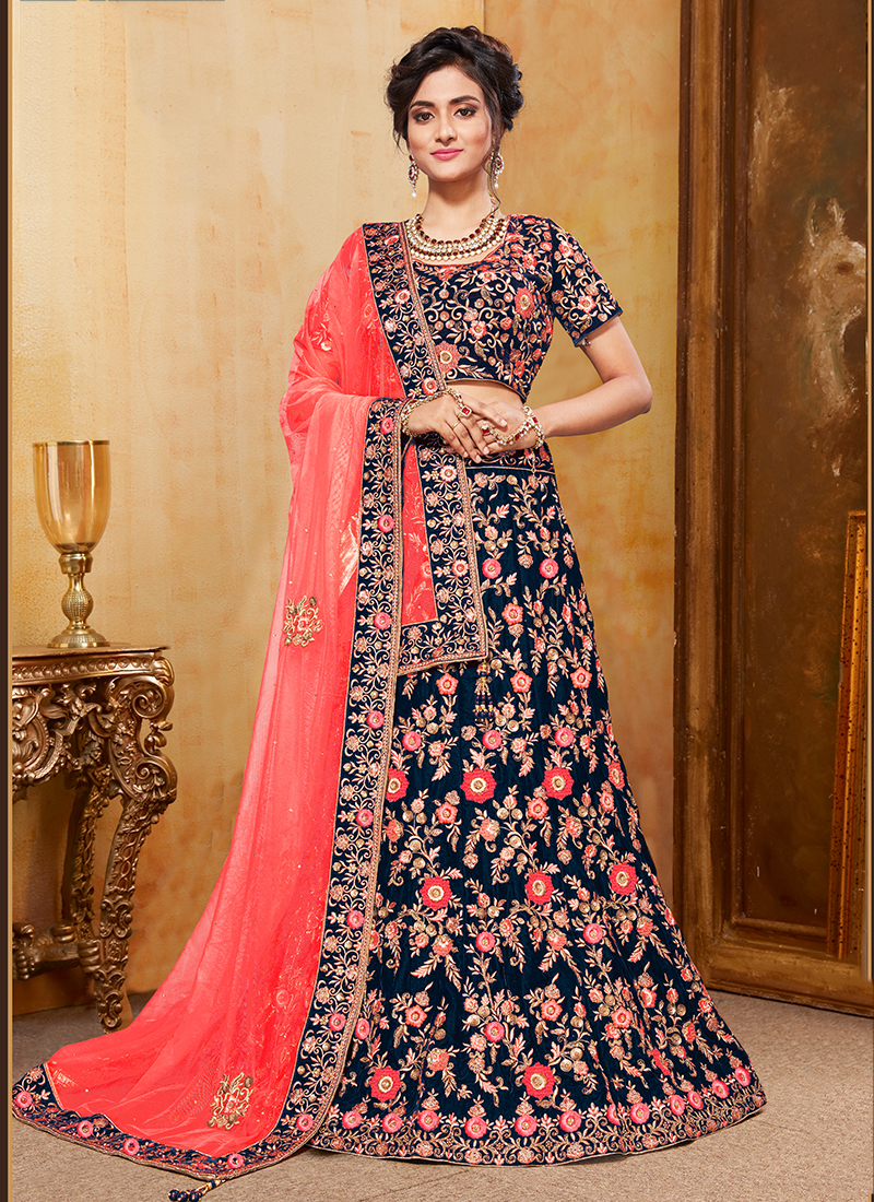 Desirable Red And Navy Blue Color Velvet Designer Lehenga Choli