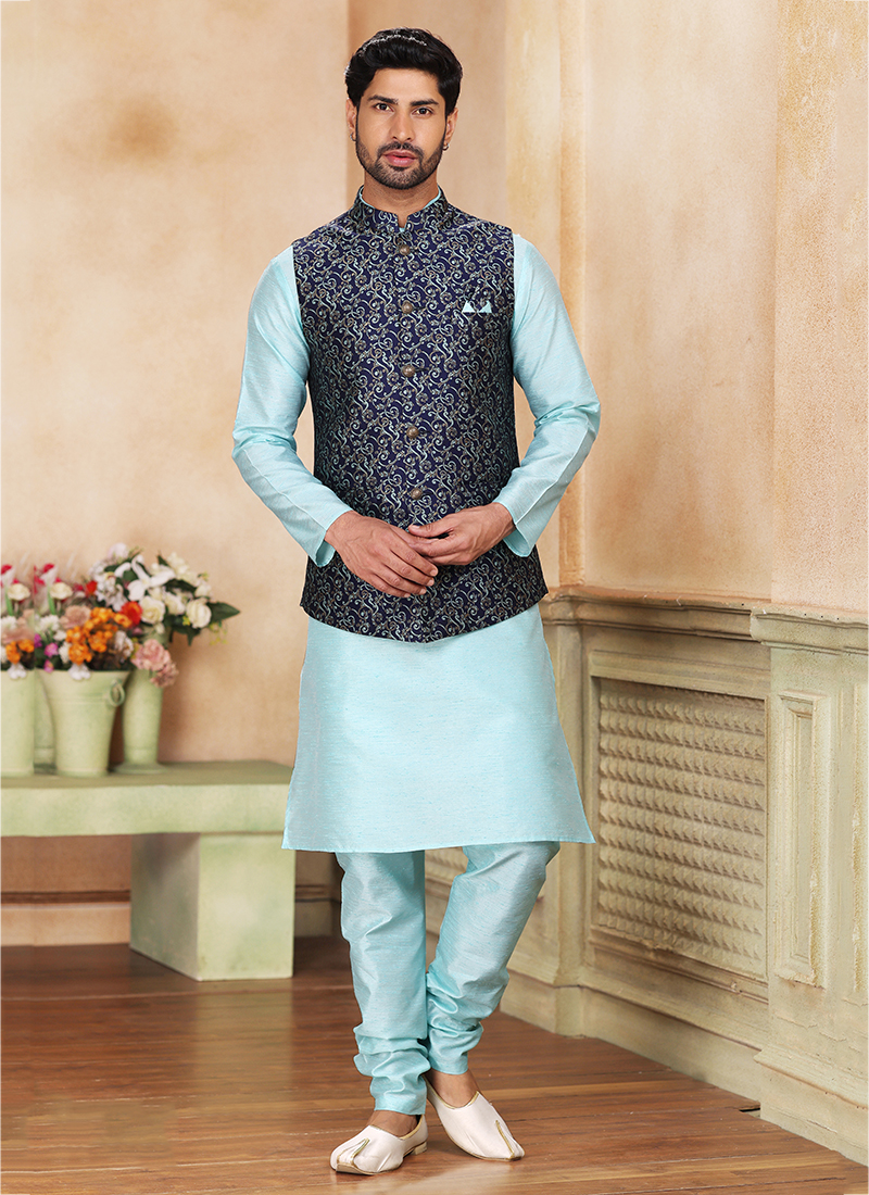 Blue kurta pajama with waistcoat new arrivals