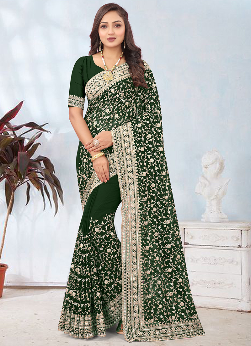 Buy Green Banarasi Georgette Saree With Zari Bandhani Weave And Unstitched  Blouse Piece