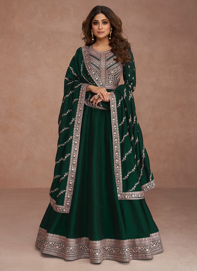 Bottle Green Dupion Silk Royal Gown - GetEthnic