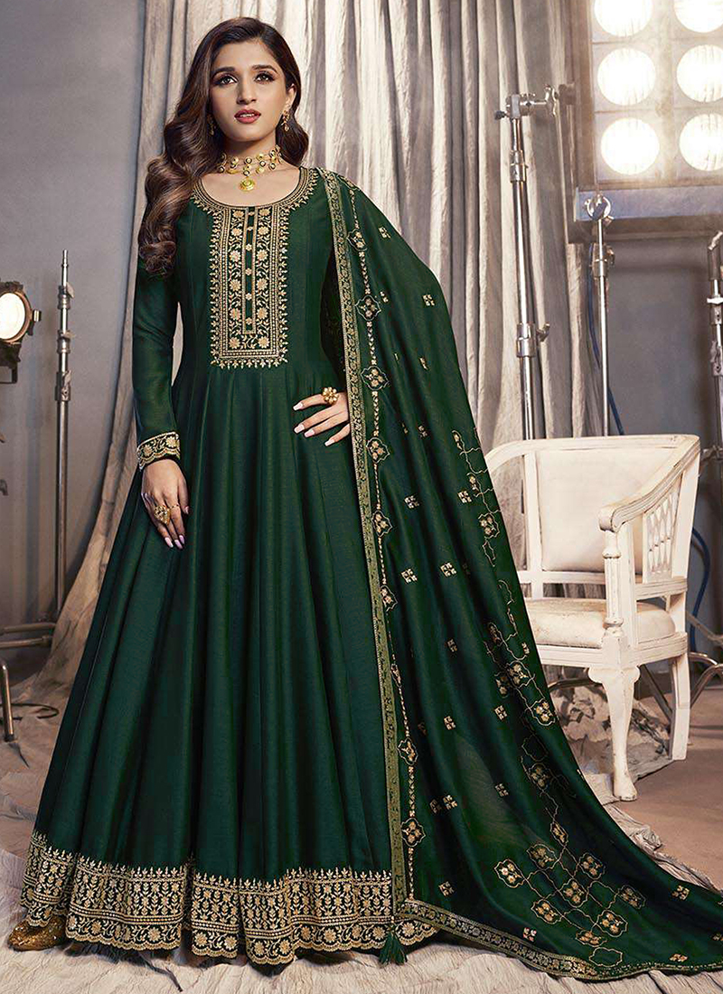 Timeless Dark Green Anarkali Dress with Wrinkled Full Sleeves - Ethnic Race