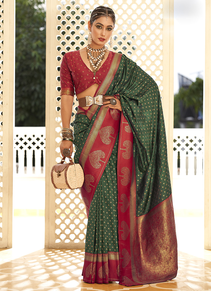 Elegant Red-Green Banarasi Paithani Saree with Copper Zari Weaving -  Un-Stitched (Regular) | Saree designs, Fancy sarees, Silk sarees