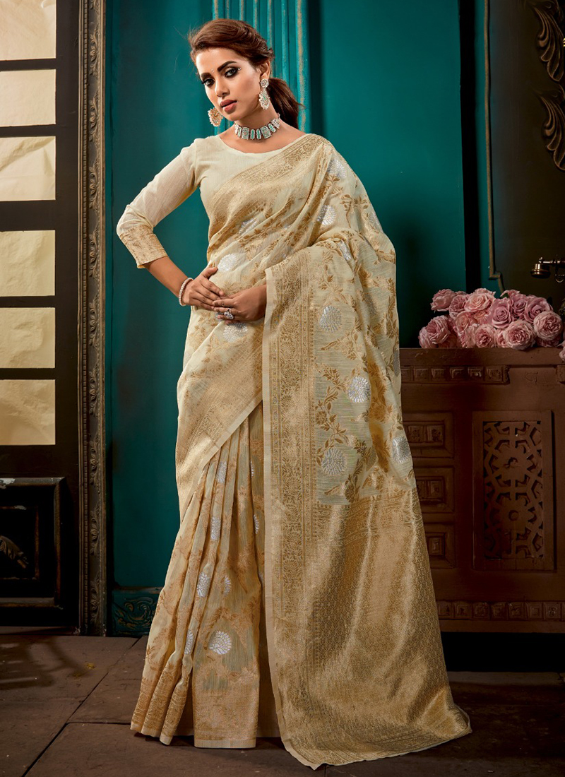 Woven Art Silk Saree in Cream : SFB854