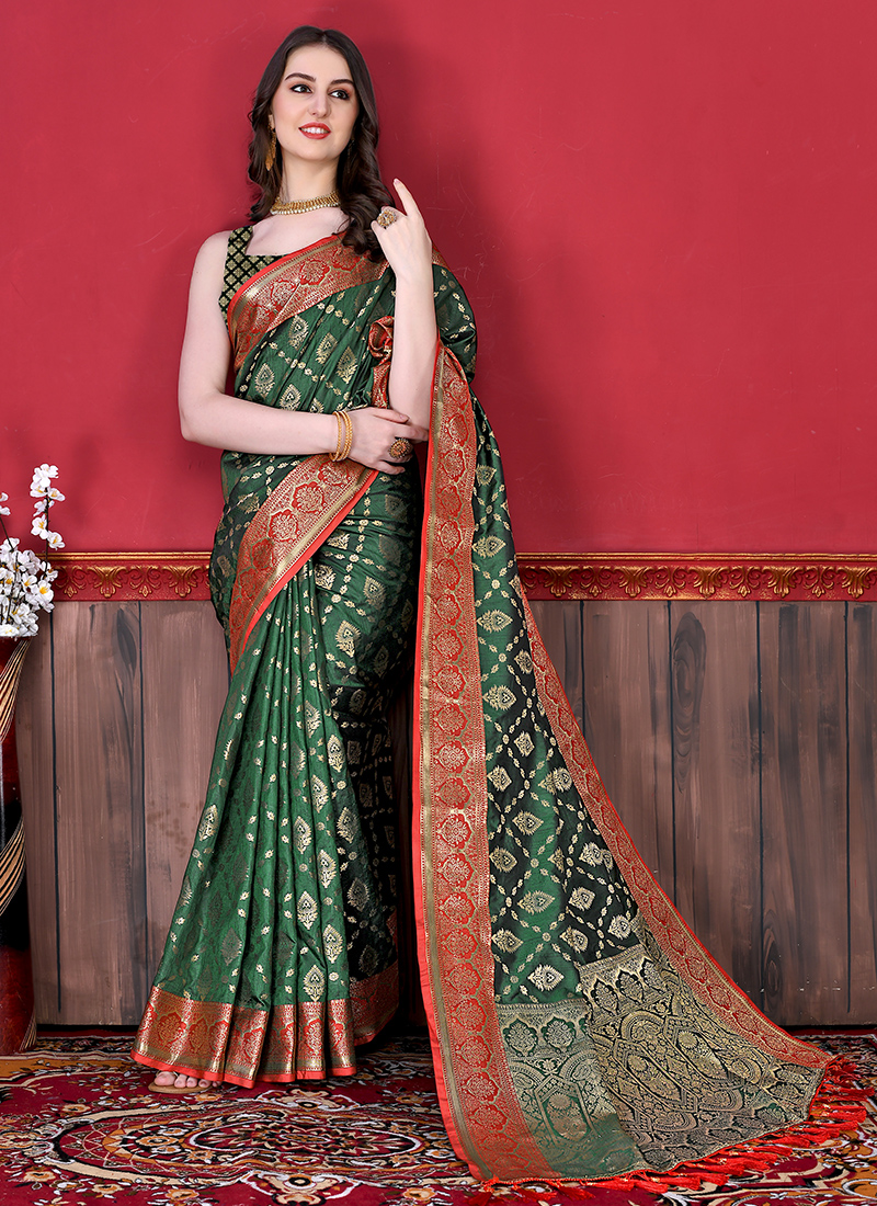 Dark green silk saree with blouse 5412
