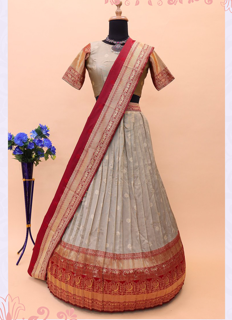 White Buttpn Pink N WHite Checks Embroidery South Indian Pavdai Pattu  Lehenga Choli For Kids Girls - White Button - 3804193
