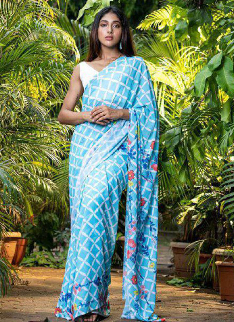 Navy blue printed georgette saree with blouse - Tadla - 2673204