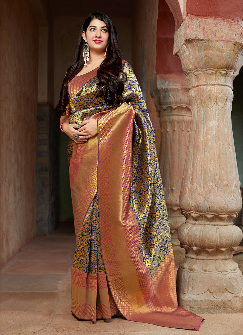 Anvika Diwali Special Gold And Copper Zari Banarasi Pallu Designer Sarees  Collection Catalog