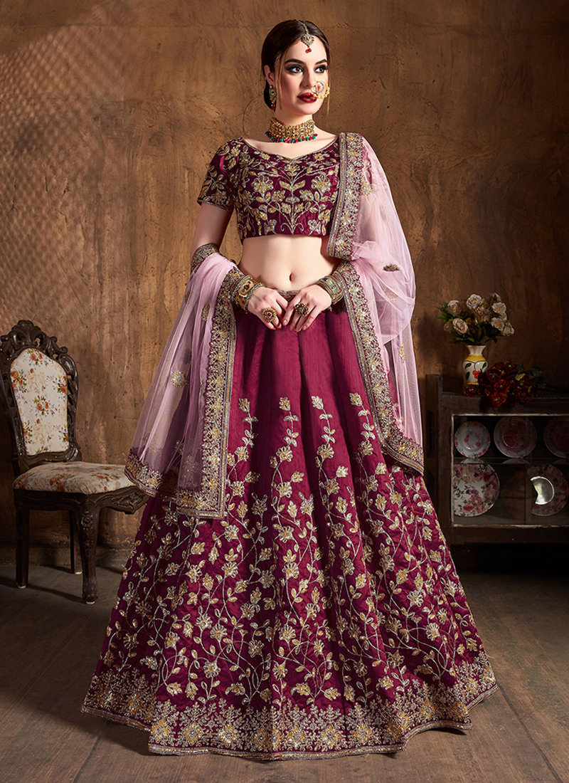 Diamond and Embroidered Work Banarasi Silk Lehenga Choli In Pink Buy Online  -