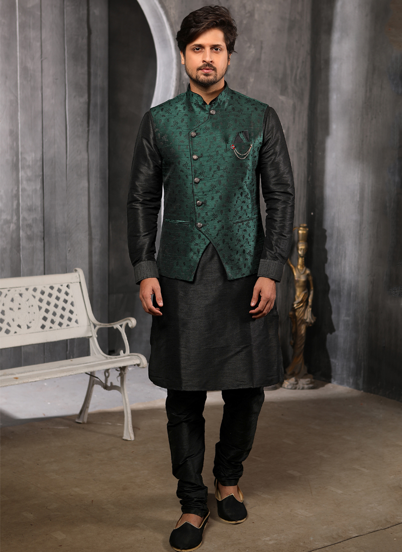 Buy Green Art Silk Traditional Wear Plain Kurta Pajama With Jacket