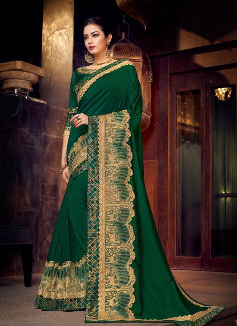 Plain Dark Green Colour Chiffon Fabric Saree [With Blouse] | Plain saree,  Chiffon saree, Red chiffon