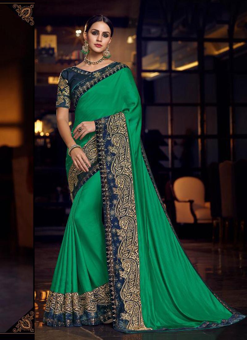 Dark green plain outlet saree with designer blouse