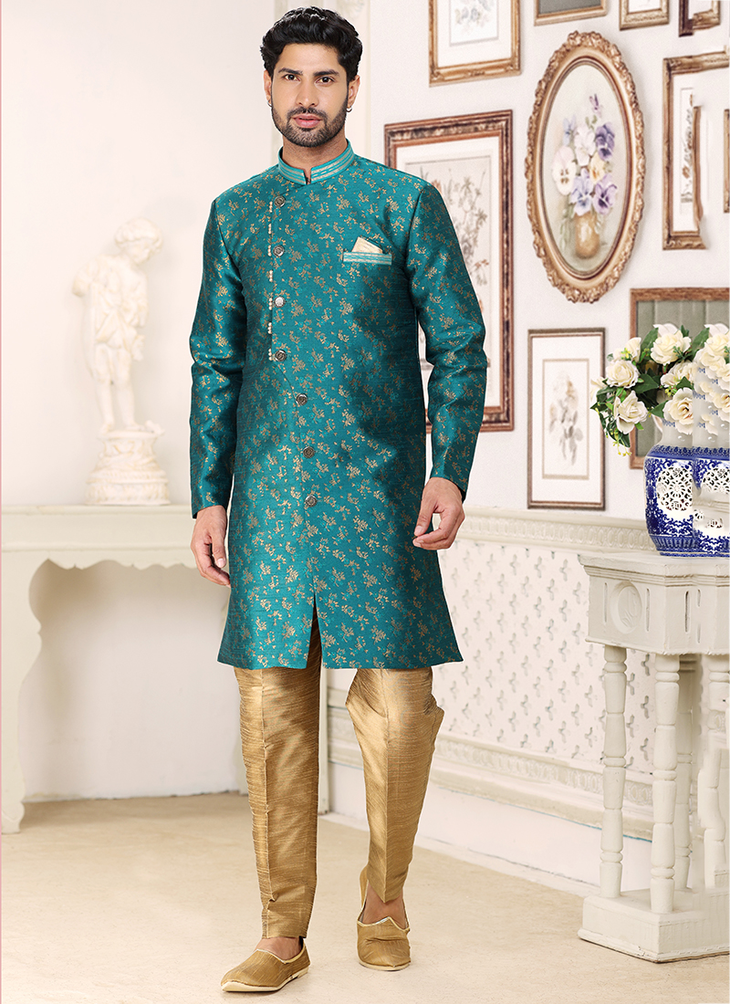 Buy Green Weaving Work Banarasi Jacquard Indo Western Sherwani Online