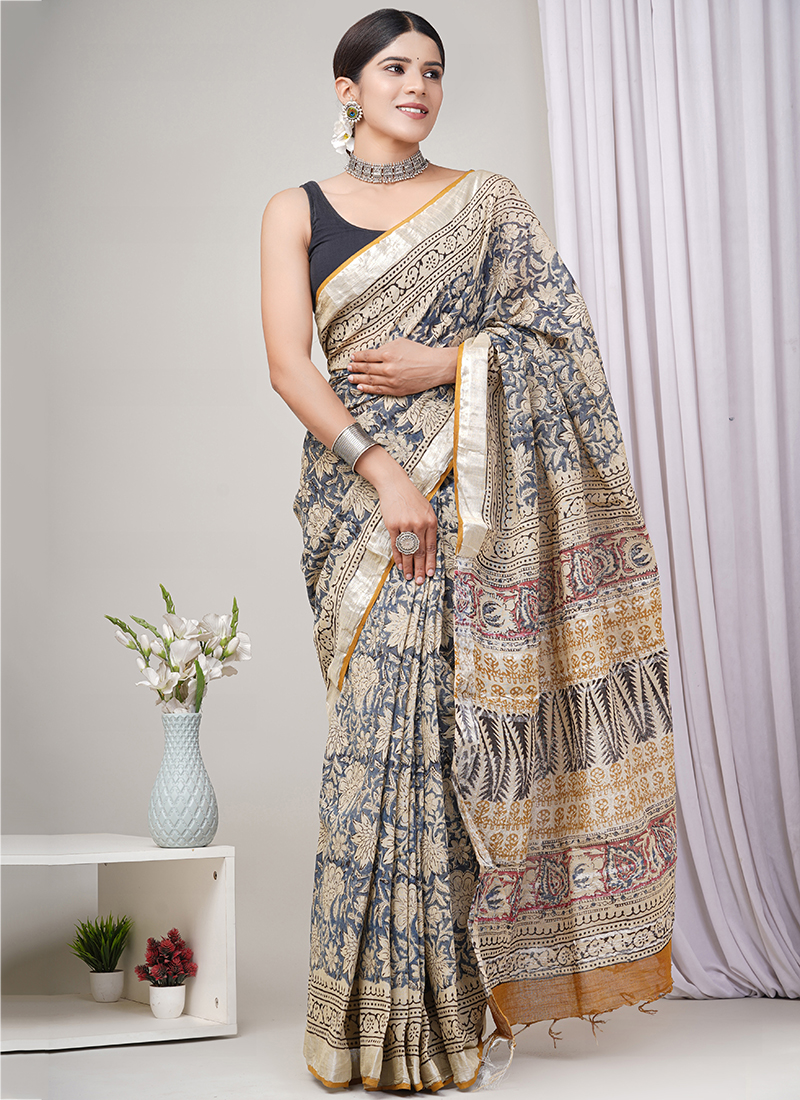 Hand Block Bagru Printed Soft Malmal Cotton Saree – Royskart