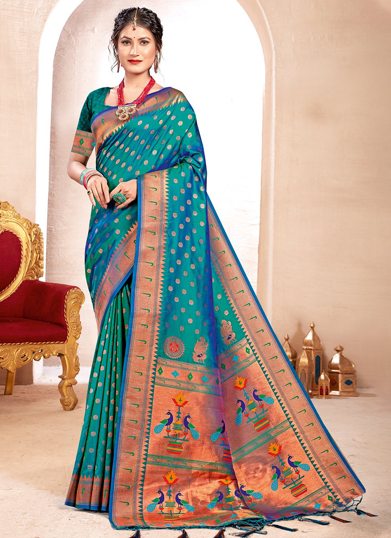 PEA-GREEN Traditional Paithani Sarees - Mahila Silks - 999546