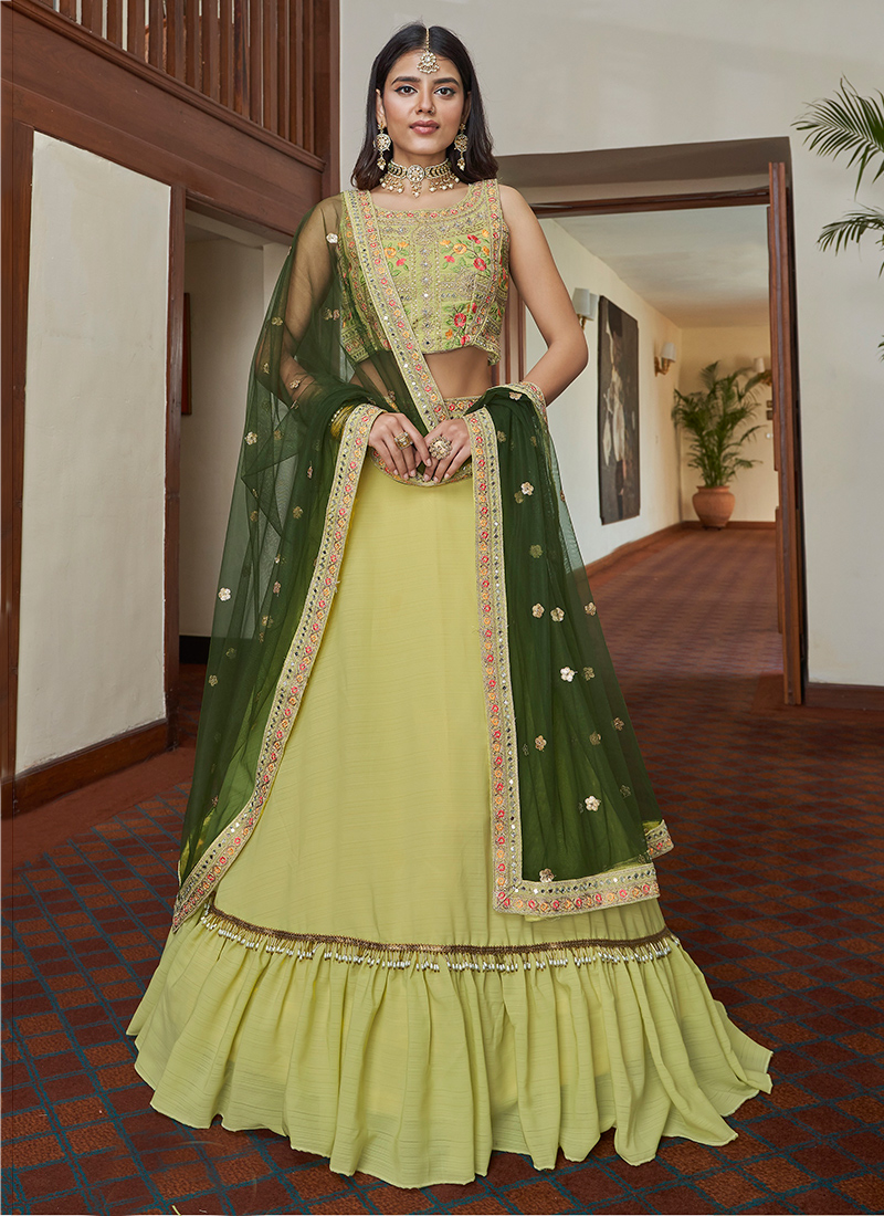 Embroidered Art Silk Lehenga in Light Green and Olive Green : LNJ411