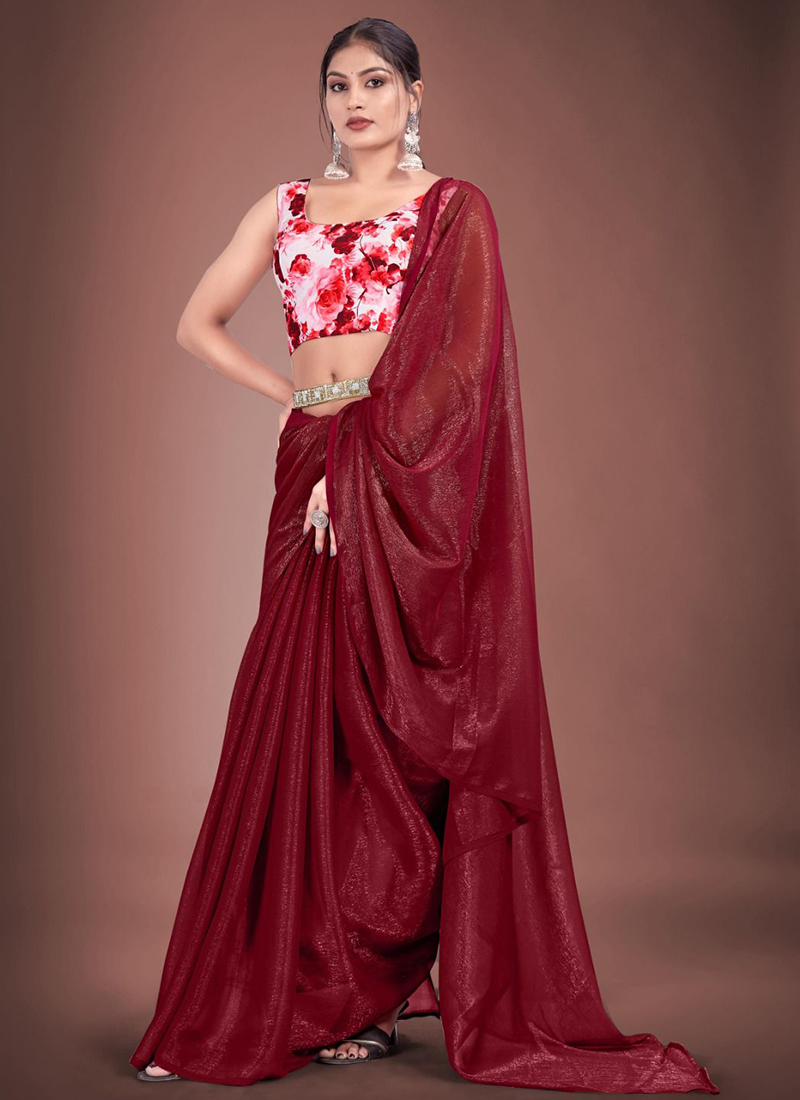 Buy Wine Shimmer Embroidered Contemporary Saree Online : Germany -