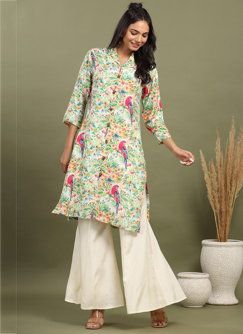 White Color Festive Wear Fancy Fabric Digital Printed Kurti With Palazzo