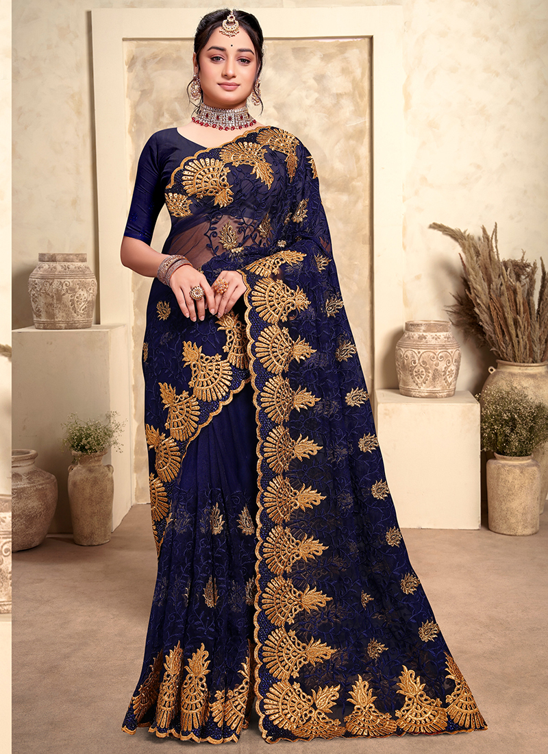 Buy Navy Blue Embroidery Work Net Saree Online