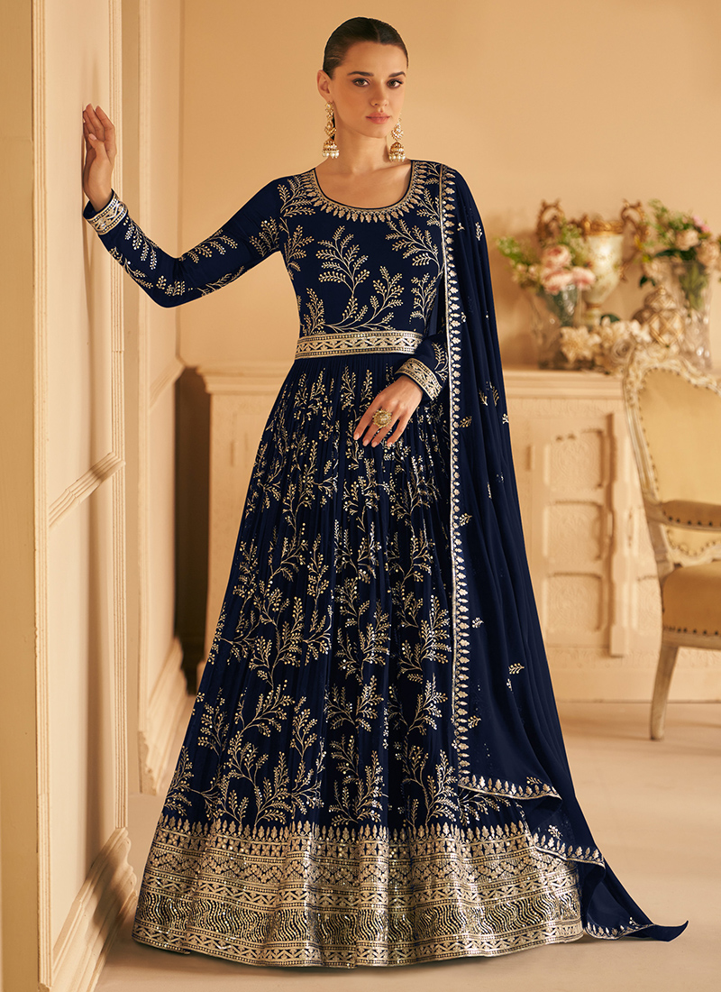 Navy Blue Viscose Velvet Sequence Gown With Dupatta Set - PinkSaree
