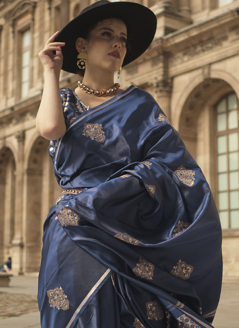 Navy Blue Beads and Diamond Embellished Border Saree in Satin Silk...