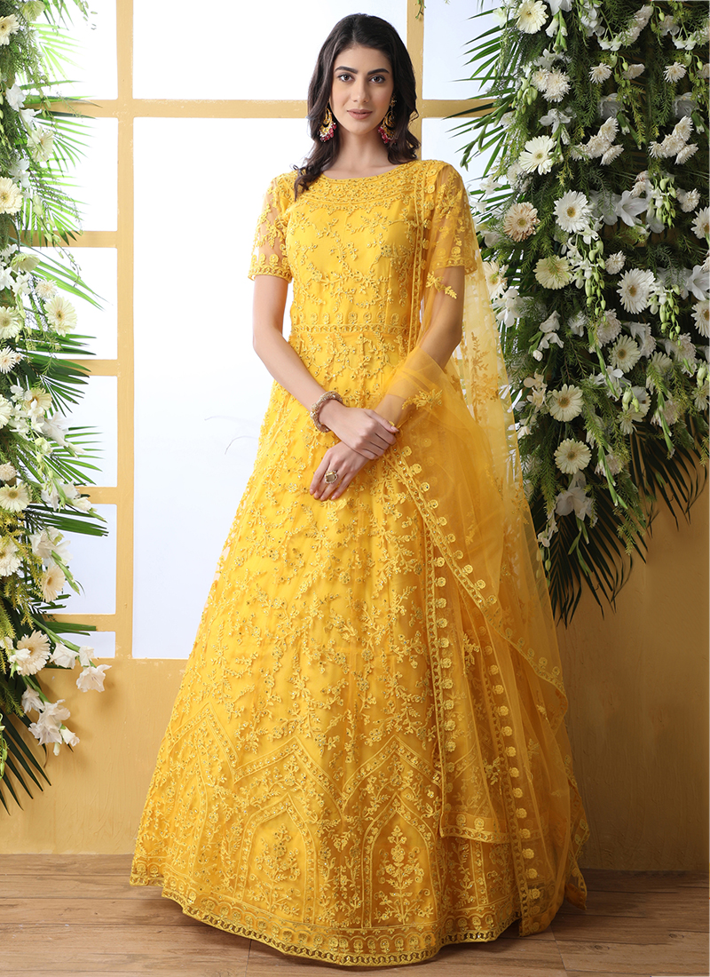 Stunning Mustard Yellow Party Wear Gown | Latest Kurti Designs