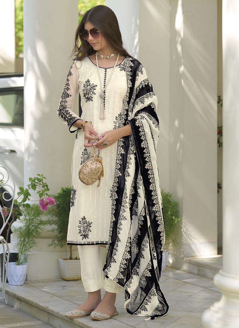 Off-White Flared Suit with Embroidery – Sukriti Store