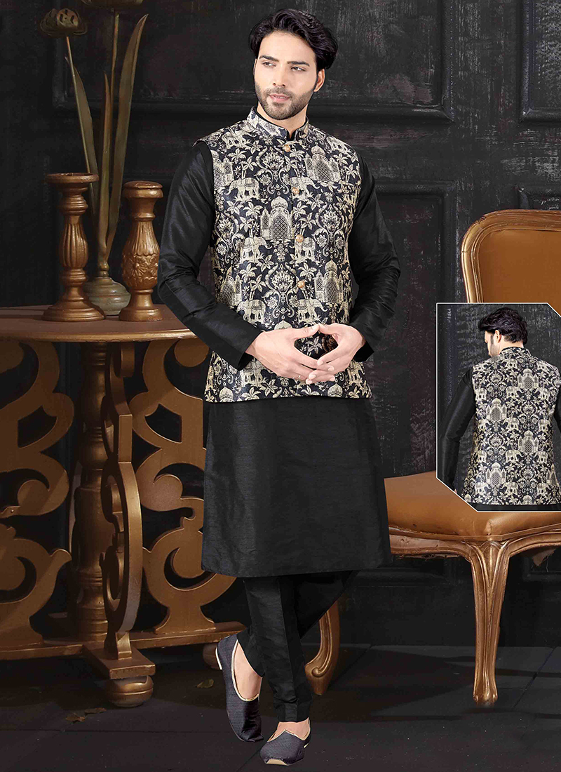Black Colored Designer Kurta Pajama Set with Jacket – ShopBollyWear.Com
