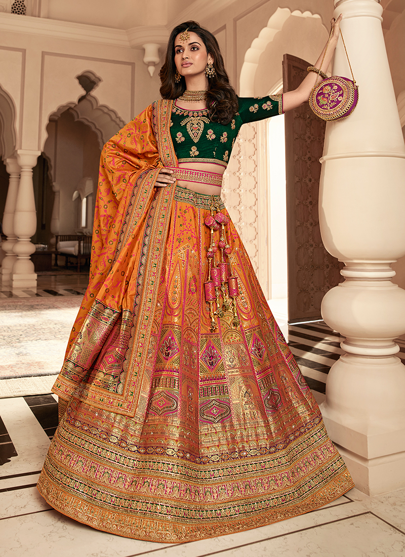 Green and Maroon Color Banarasi Silk Lehenga Choli With Jacquard Work