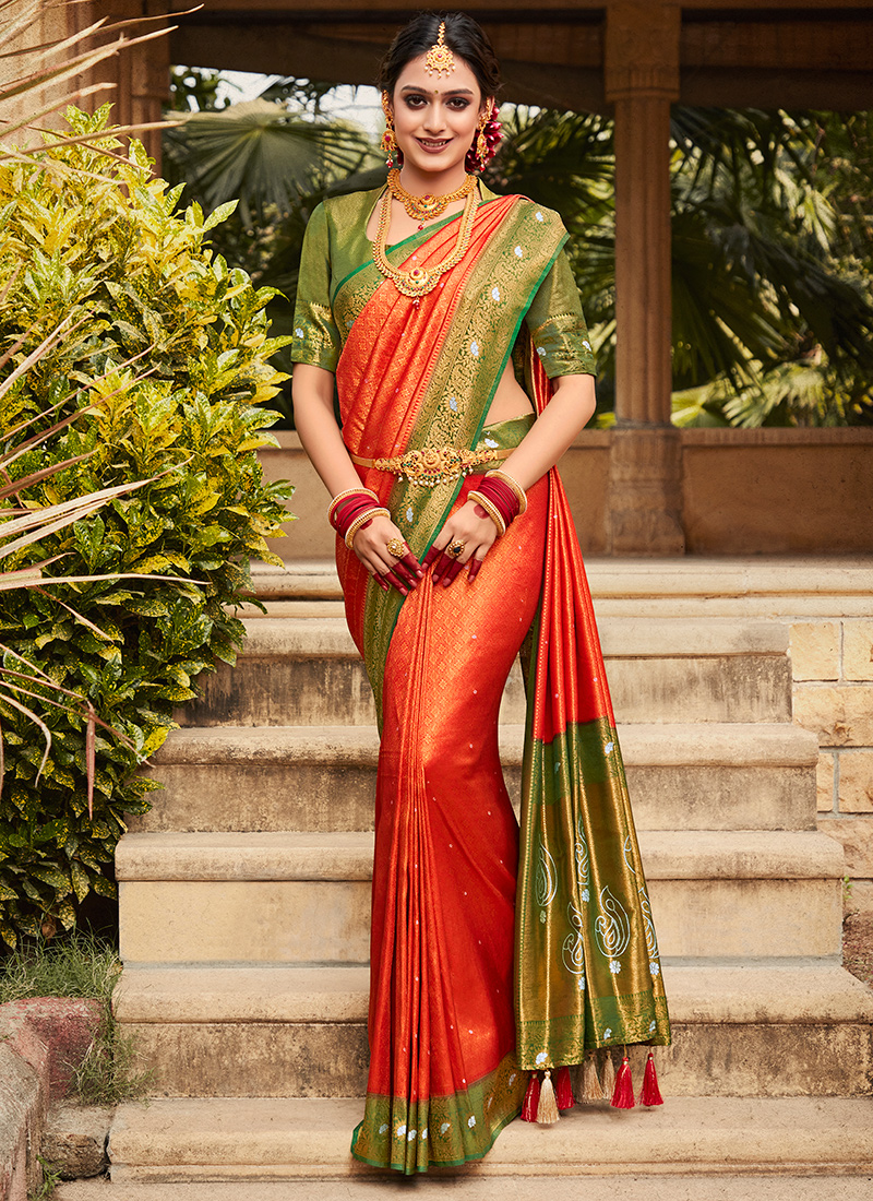 Amazon Brand - Anarva Women's Kanchipuram Pattu Digital Print Silk Saree - ( Orange) : Amazon.in: Fashion