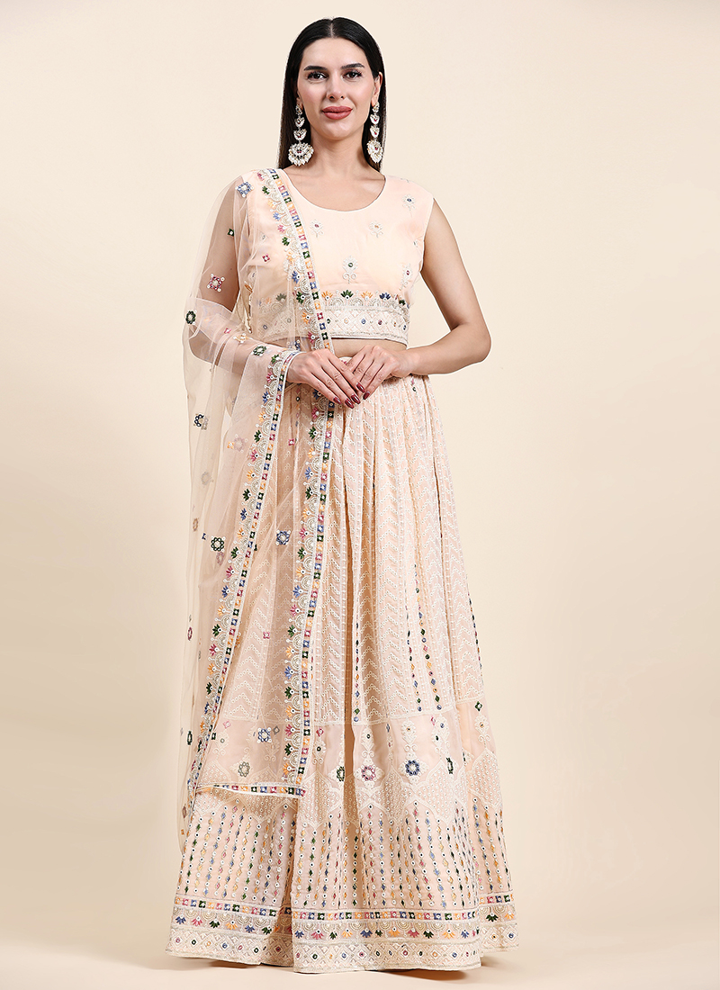 Buy Peach Pink Lehenga And Crop Top Set In Georgette With Lucknowi Thread  And Mirror Work