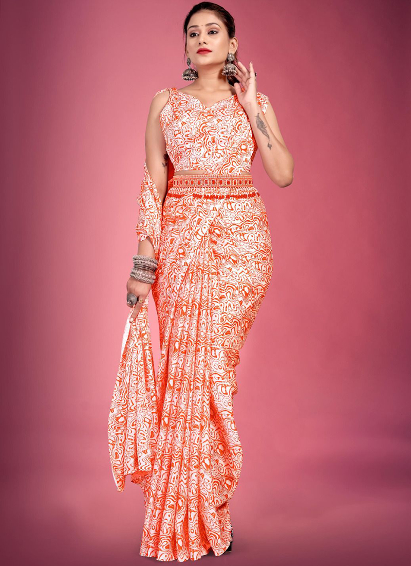 Buy Peach Saree In Satin Embellished In Resham And Moti Embroidery In  Floral Motif Online - Kalki Fashion