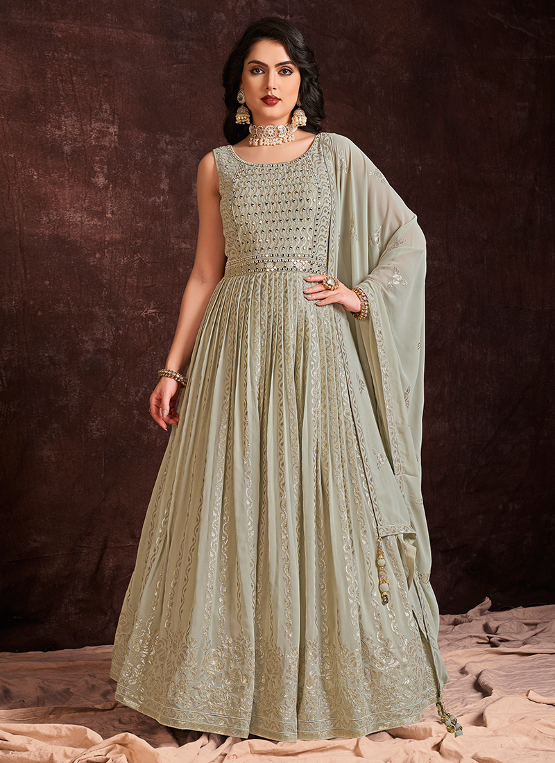 Pista Green Satin Gown and Pista Green Satin Trendy Gown online shopping
