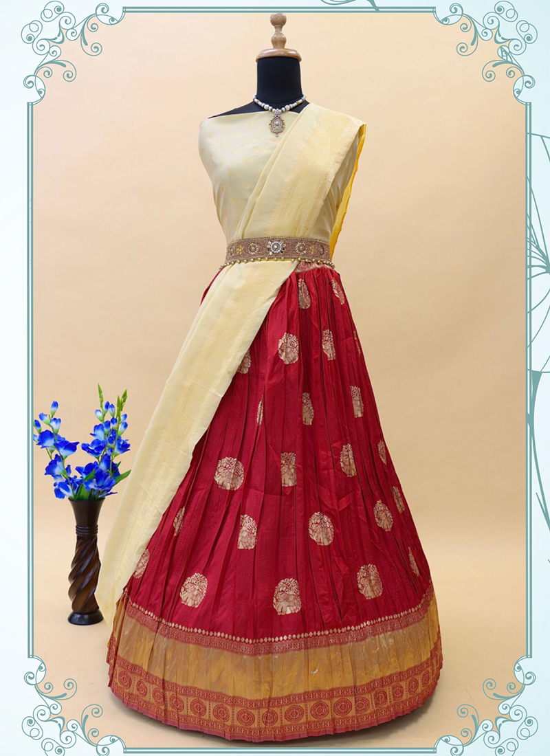 Kids Red New south Indian traditional pattu pavadai Jacquard Lehenga choli  for girls dress - EVERWILLOW - 4290071