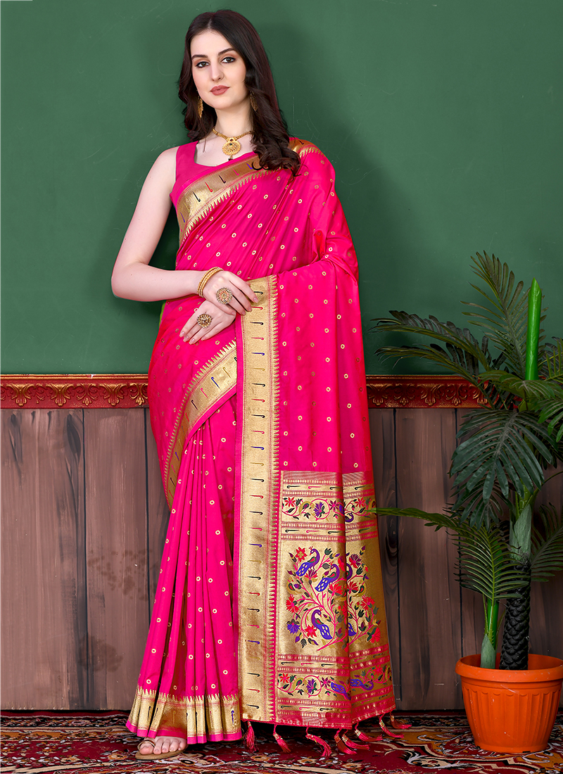 Art Silk Fabric Rani Color Banarasi Style Saree