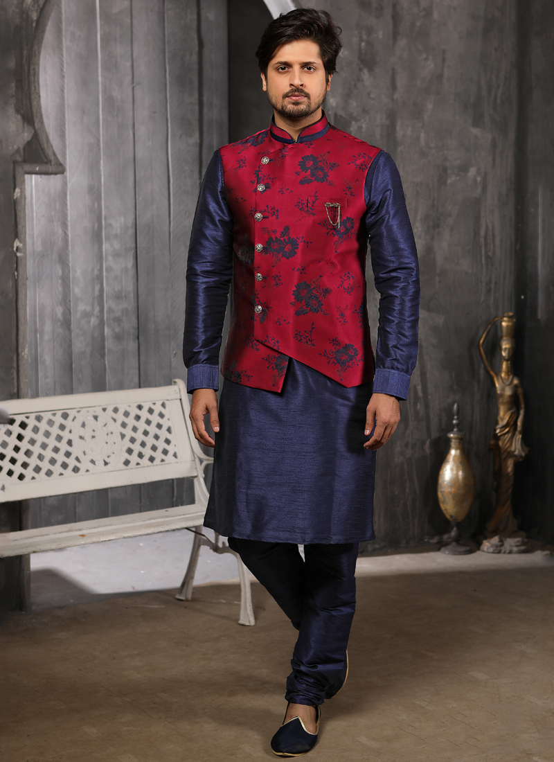 Indian Traditional Wear Men Kurta Pajama Waistcoat Set Red Silk Kurta Pyjama  | eBay