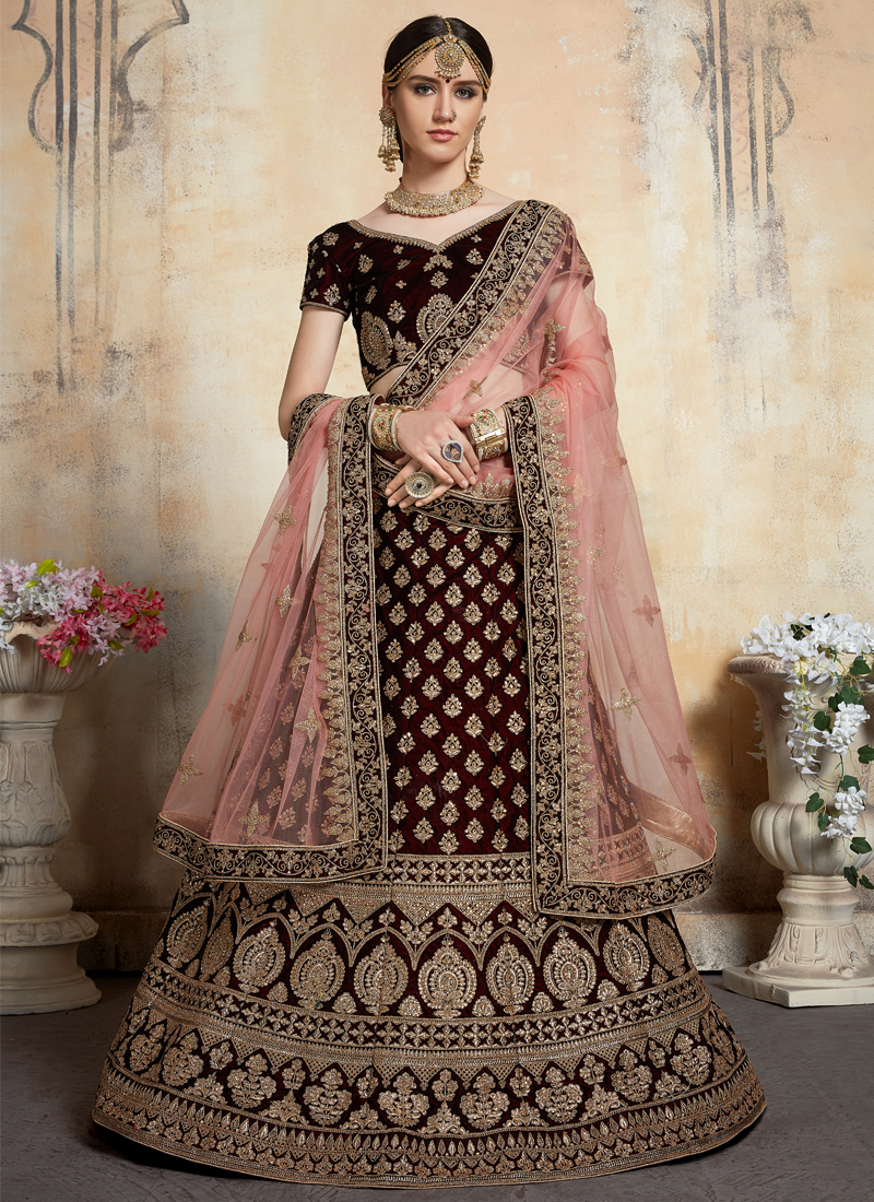 Buy Maroon Velvet Bridal Wear Thread Work Lehenga Choli Online From  Wholesale Salwar.
