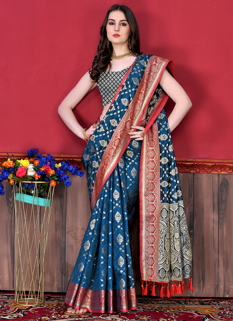 Red Katan Silk Woven Banarasi Silk Saree With Meena Work – BharatSthali