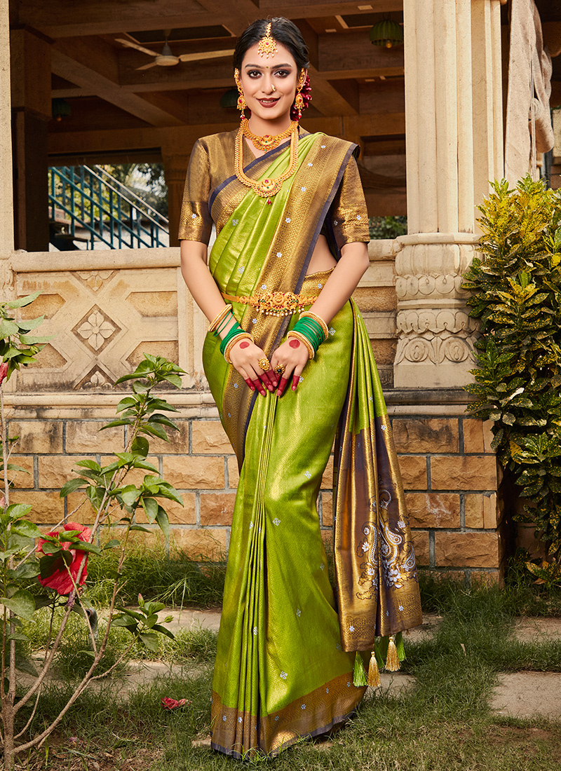Designer Traditional Saree Handwork Kanjivaram Silk in Green
